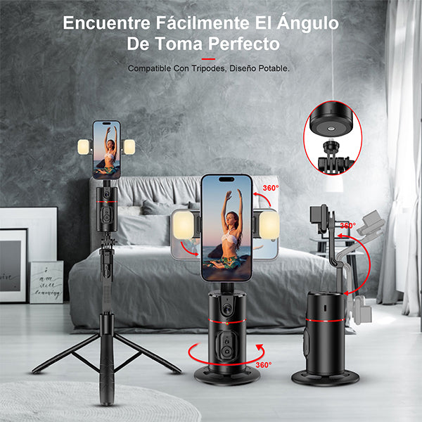 KOSCHEAL Facial Tracking Smartphone Stabilizer, Selfie Stand with 360° Rotating Fill Light, Smart Tracking and Gesture Control, No App Required
