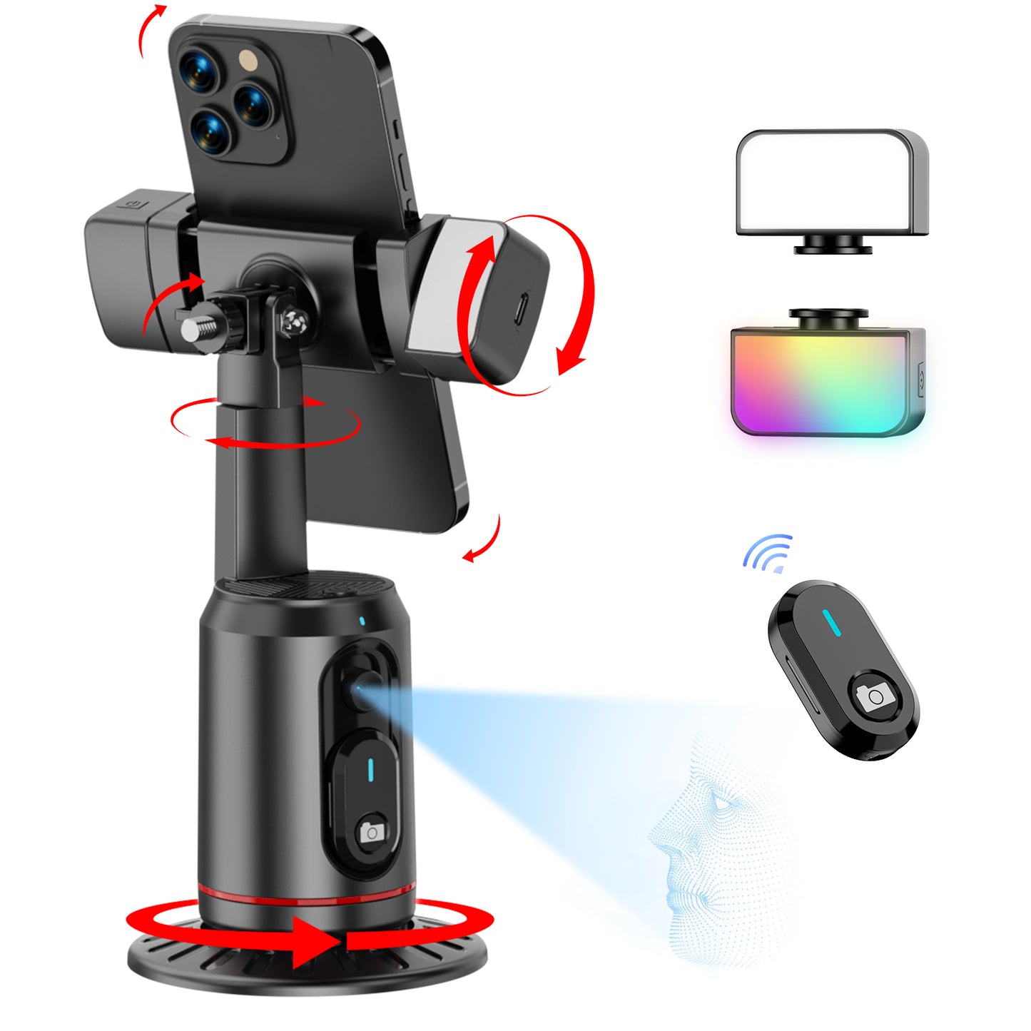 Estabilizador para Celular de Seguimiento Facial,Sobremesa Soporte para Selfie Tripode con luz de Relleno RGB y Blanca,Seguimiento Inteligente y Control de Gestos Rotación de 360°,sin App