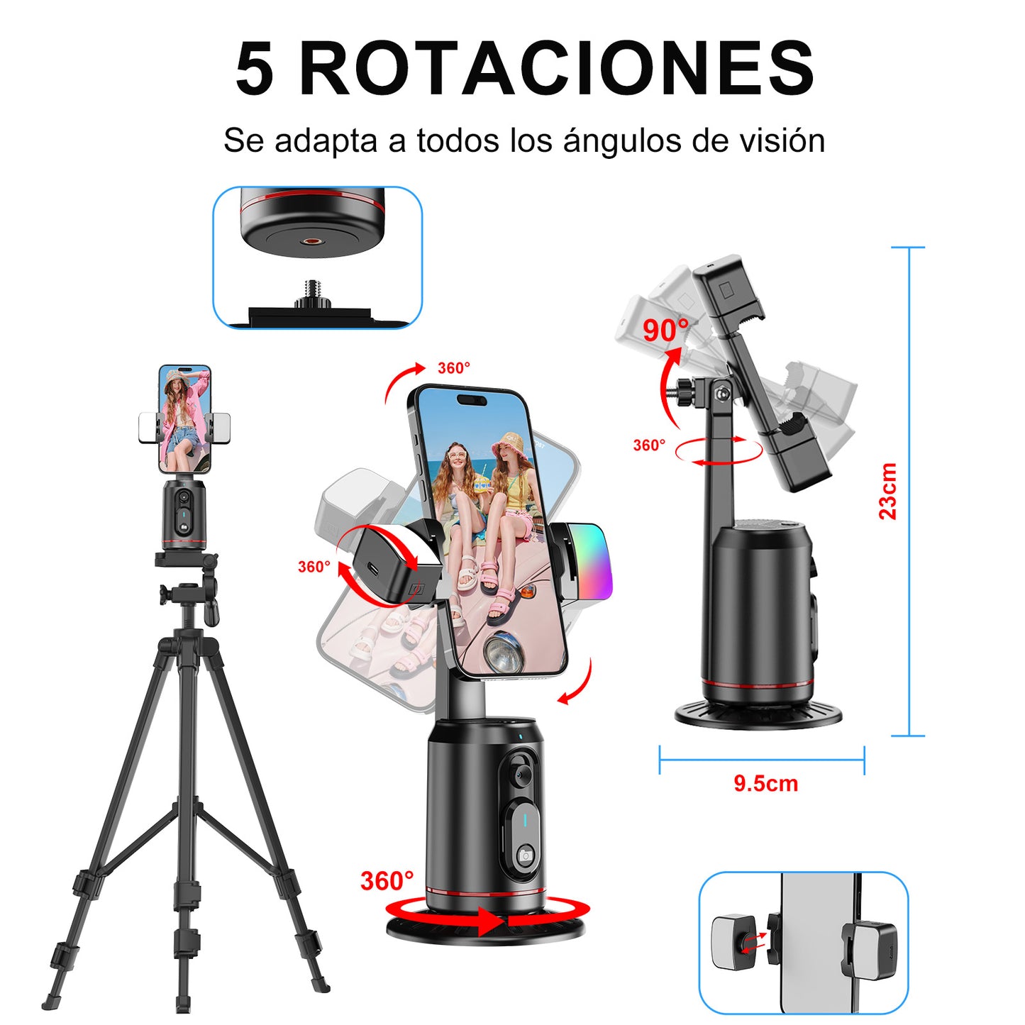Estabilizador para Celular de Seguimiento Facial,Sobremesa Soporte para Selfie Tripode con luz de Relleno RGB y Blanca,Seguimiento Inteligente y Control de Gestos Rotación de 360°,sin App