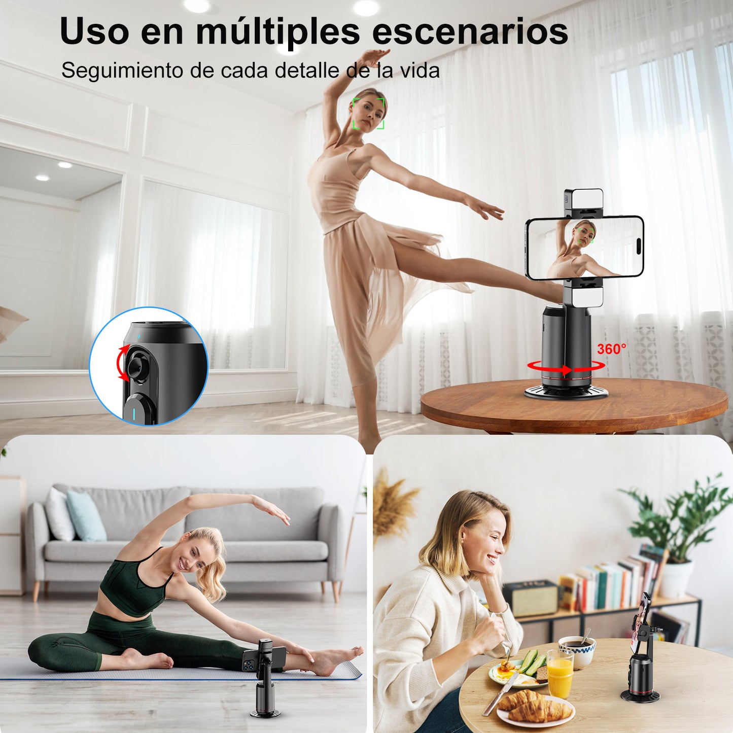 Estabilizador para Celular de Seguimiento Facial,Sobremesa Soporte para Selfie Tripode con luz de Relleno RGB y Blanca,Seguimiento Inteligente y Control de Gestos Rotación de 360°,sin App