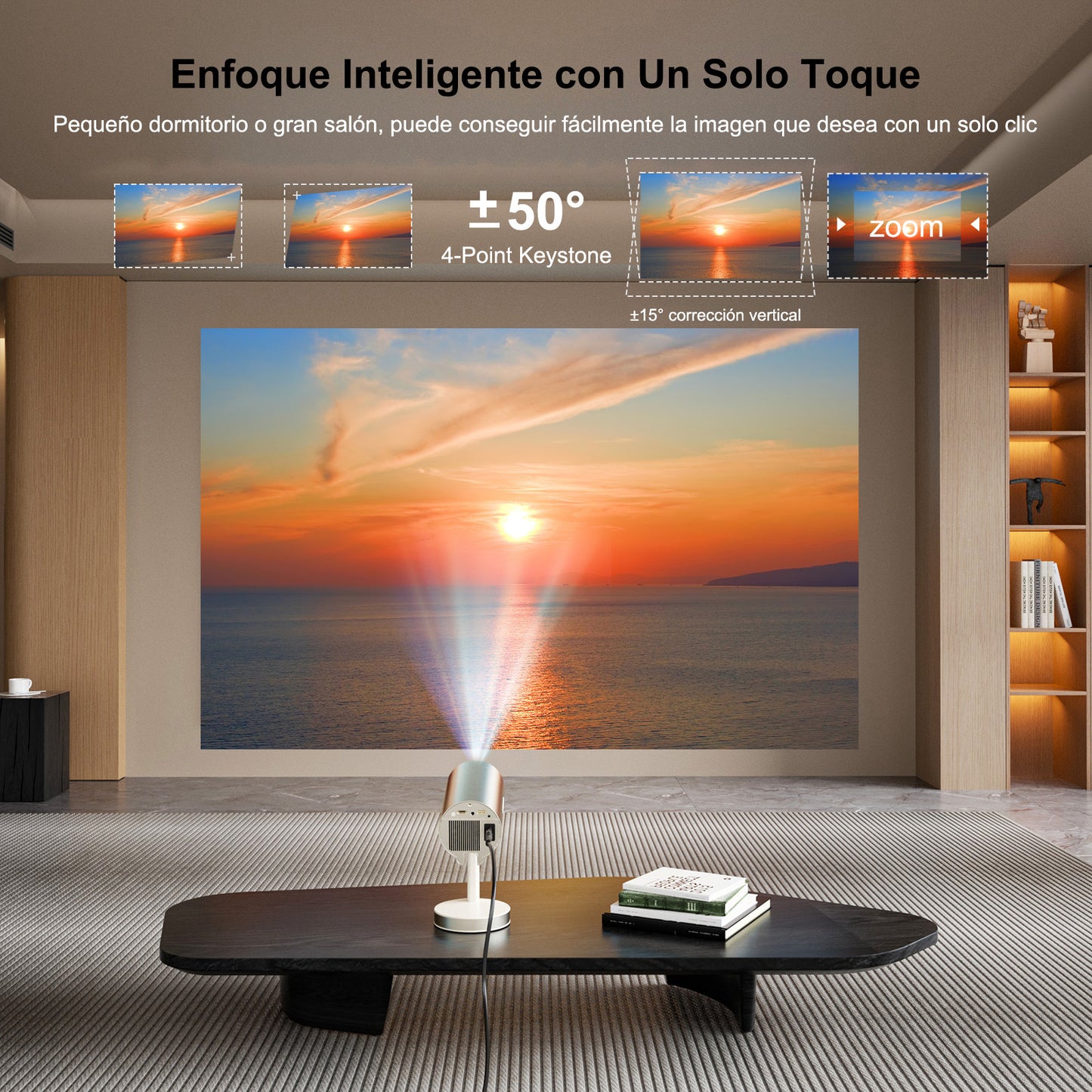Proyector Portátil, [Electric Focus & Keystone] 2025 Mini Cañón Proyector 4K | 300 ANSI | WIFI6 | Ajuste Vertical de 90°| Ideal para Presentaciones |Cine en Casa| Estudios