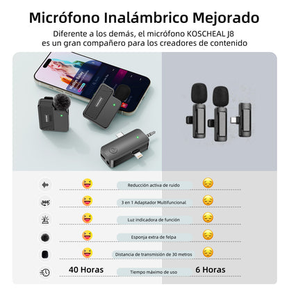 KOSCHEAL 3 en 1 Micrófono Inalámbrico para iPhone/Android/Cámara/PC con 40H de Batería y Reducción de Ruido Inteligente - Micrófono de Solapa Plug & Play para Youtube/TikTok/Vlog(KOS-J8)