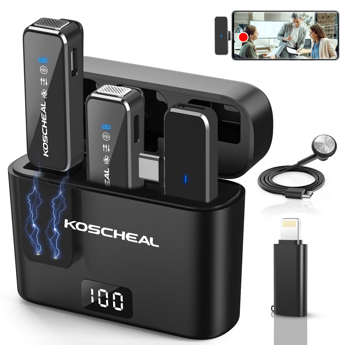 KOSCHEAL Wireless Lavalier Mic for iPhone/Android