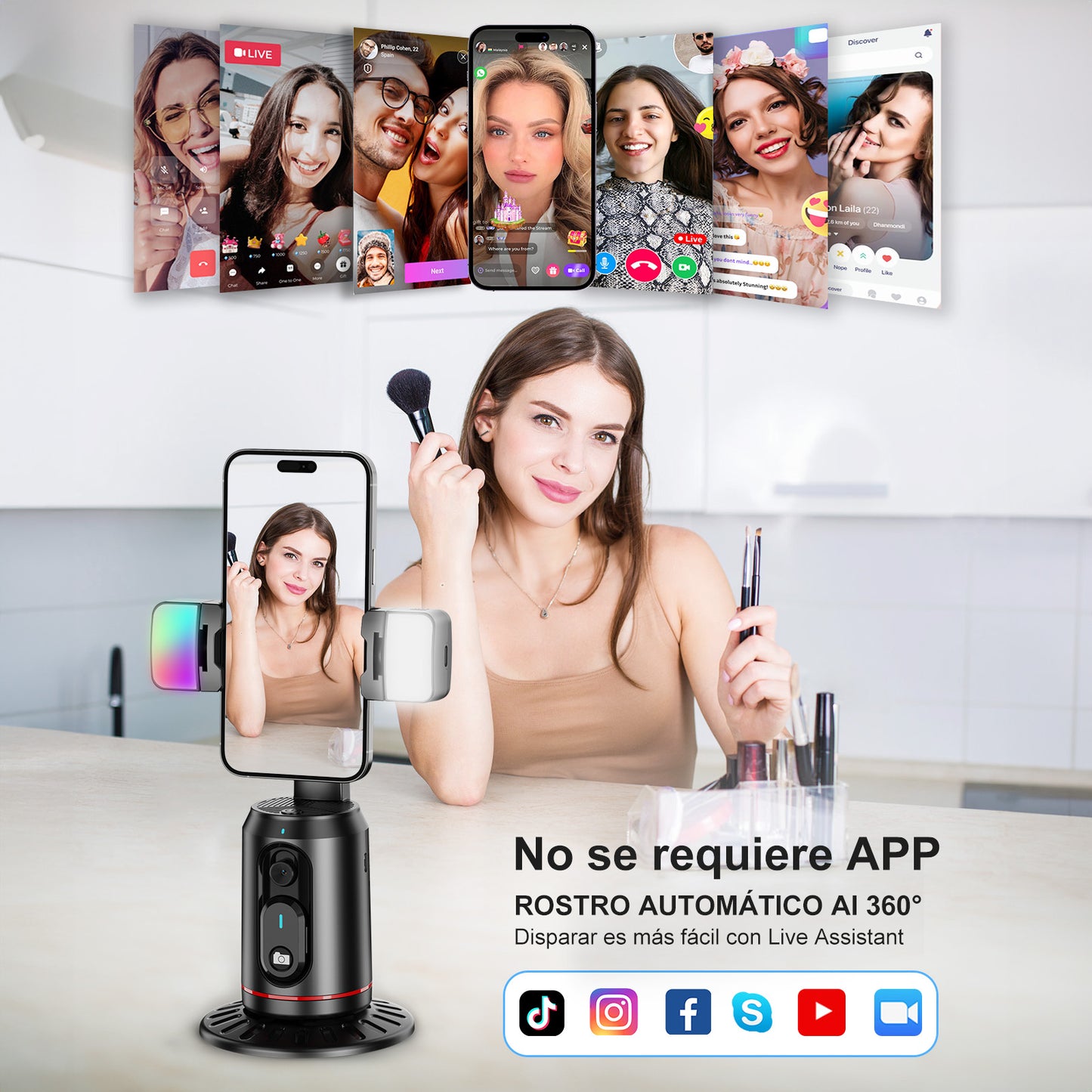 Estabilizador para Celular de Seguimiento Facial,Sobremesa Soporte para Selfie Tripode con luz de Relleno RGB y Blanca,Seguimiento Inteligente y Control de Gestos Rotación de 360°,sin App