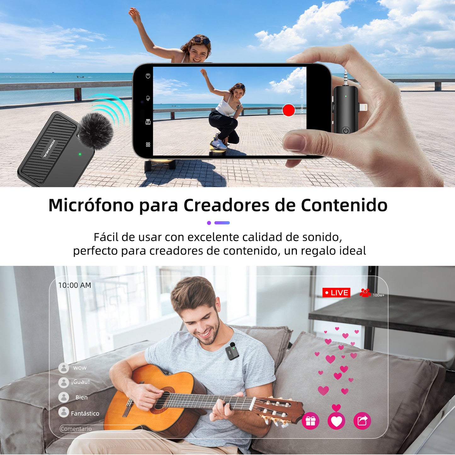 KOSCHEAL 3 en 1 Micrófono Inalámbrico para iPhone/Android/Cámara/PC con 40H de Batería y Reducción de Ruido Inteligente - Micrófono de Solapa Plug & Play para Youtube/TikTok/Vlog(KOS-J8)